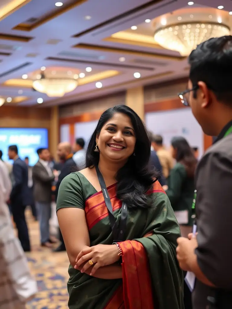 A candid shot of a woman in a saree networking at a corporate gathering in Delhi, India. She is smiling and engaged in conversation.