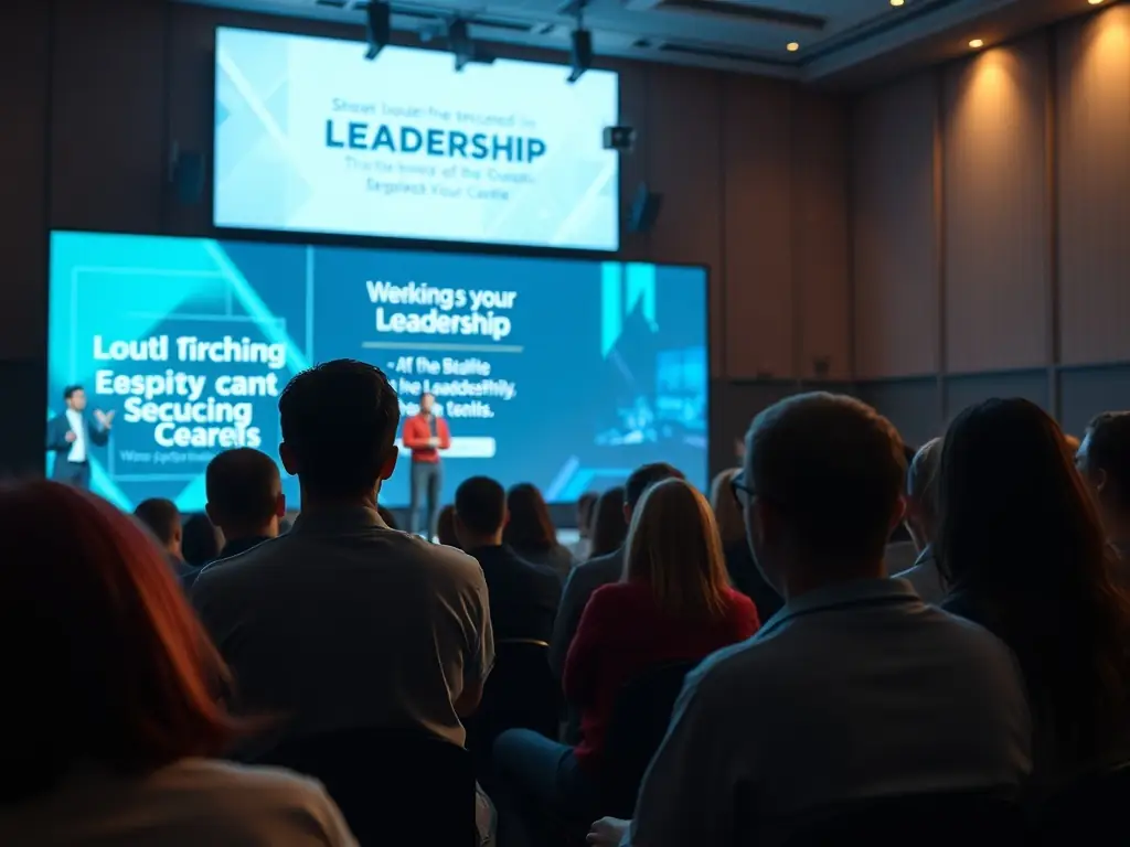 A visually appealing image of a leadership summit in Mumbai, India, with keynote speakers and engaged attendees.