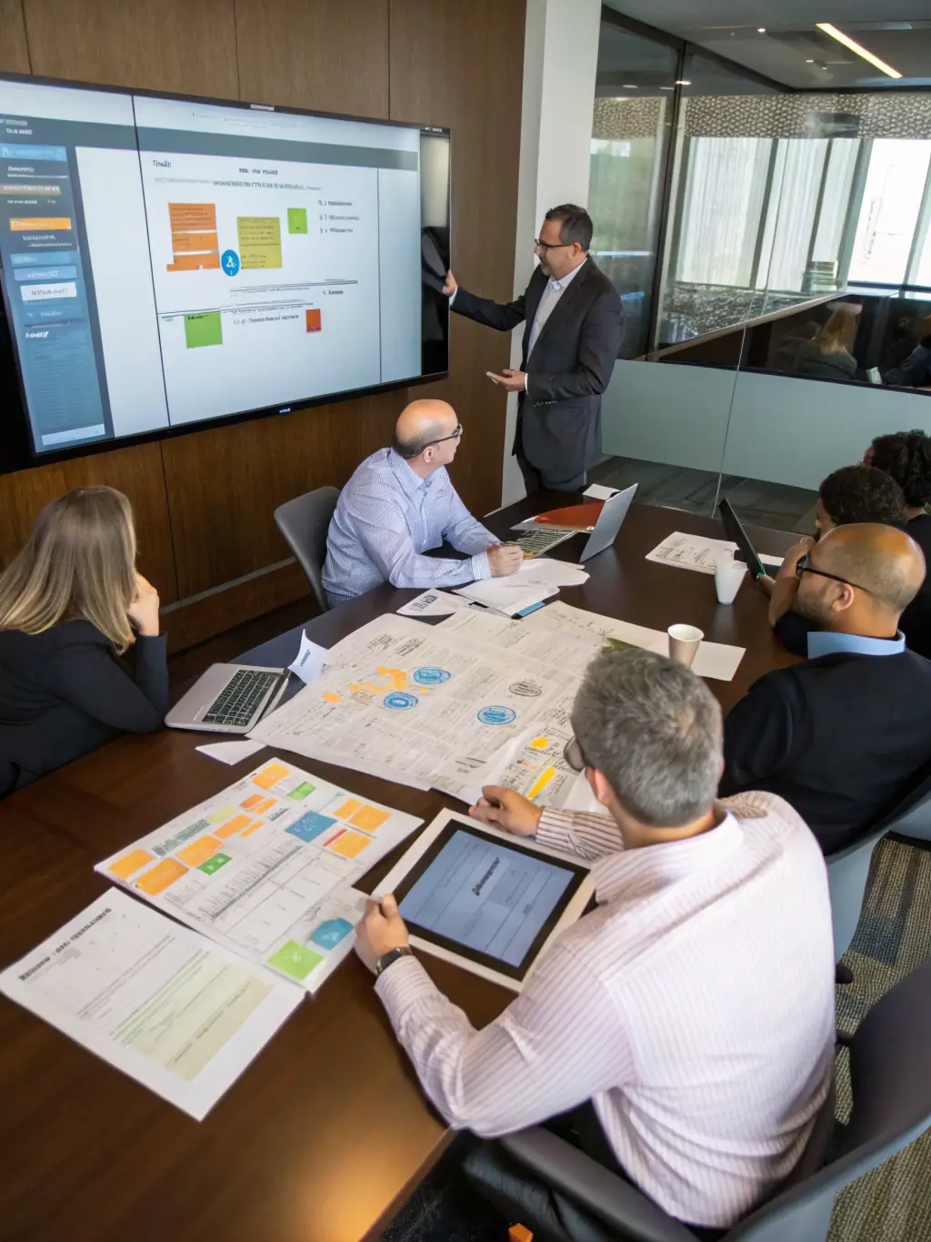 A professional photograph of a corporate gathering in Delhi, India, with executives engaging in a workshop session.