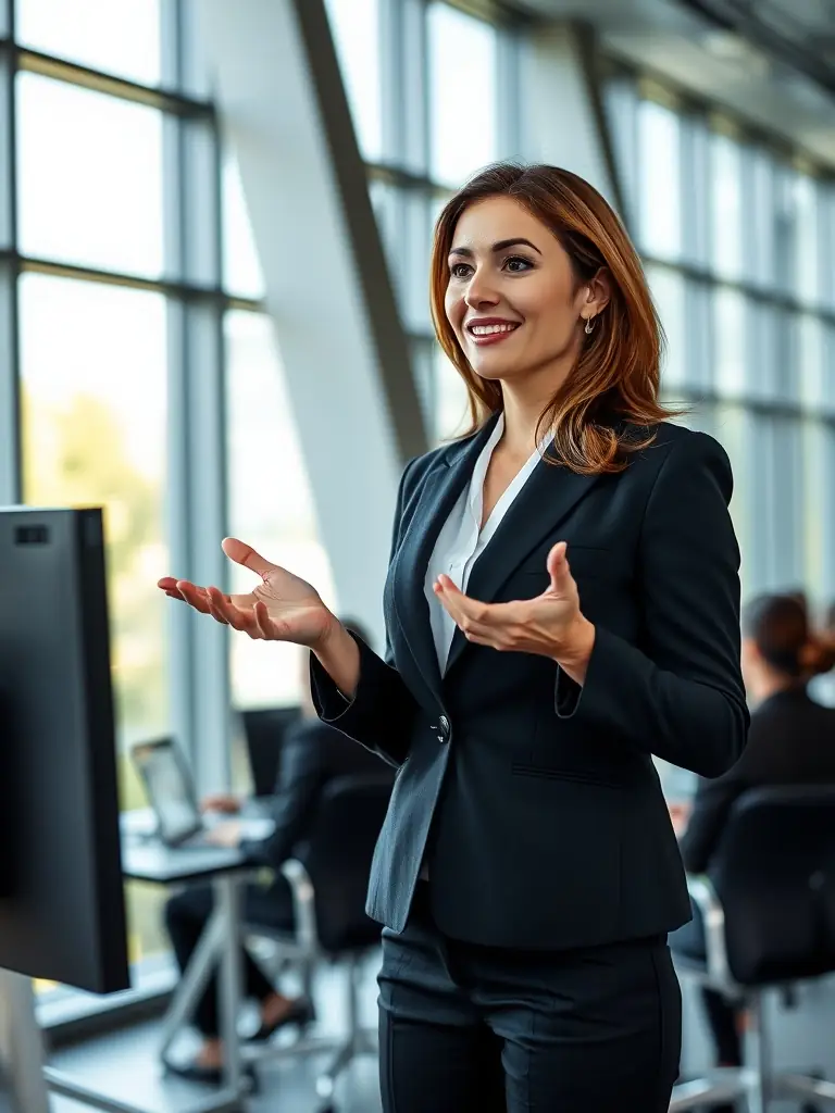 A professional headshot of a confident woman in business attire, speaking at a leadership summit in Mumbai, India. The background shows a modern conference hall with the armoirespot logo subtly displayed.